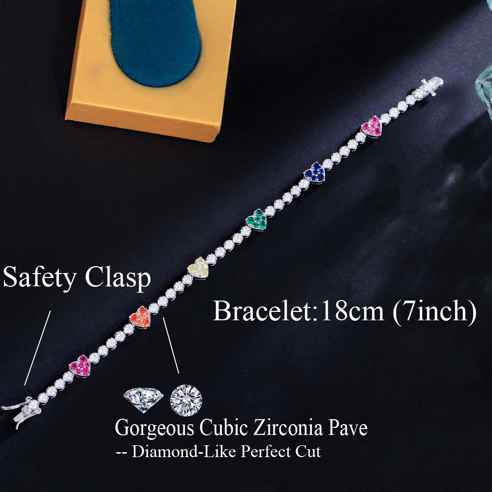 Trendy Silver Plated Round Cubic Zirconia Tennis Heart Bangle Bracelet for Women