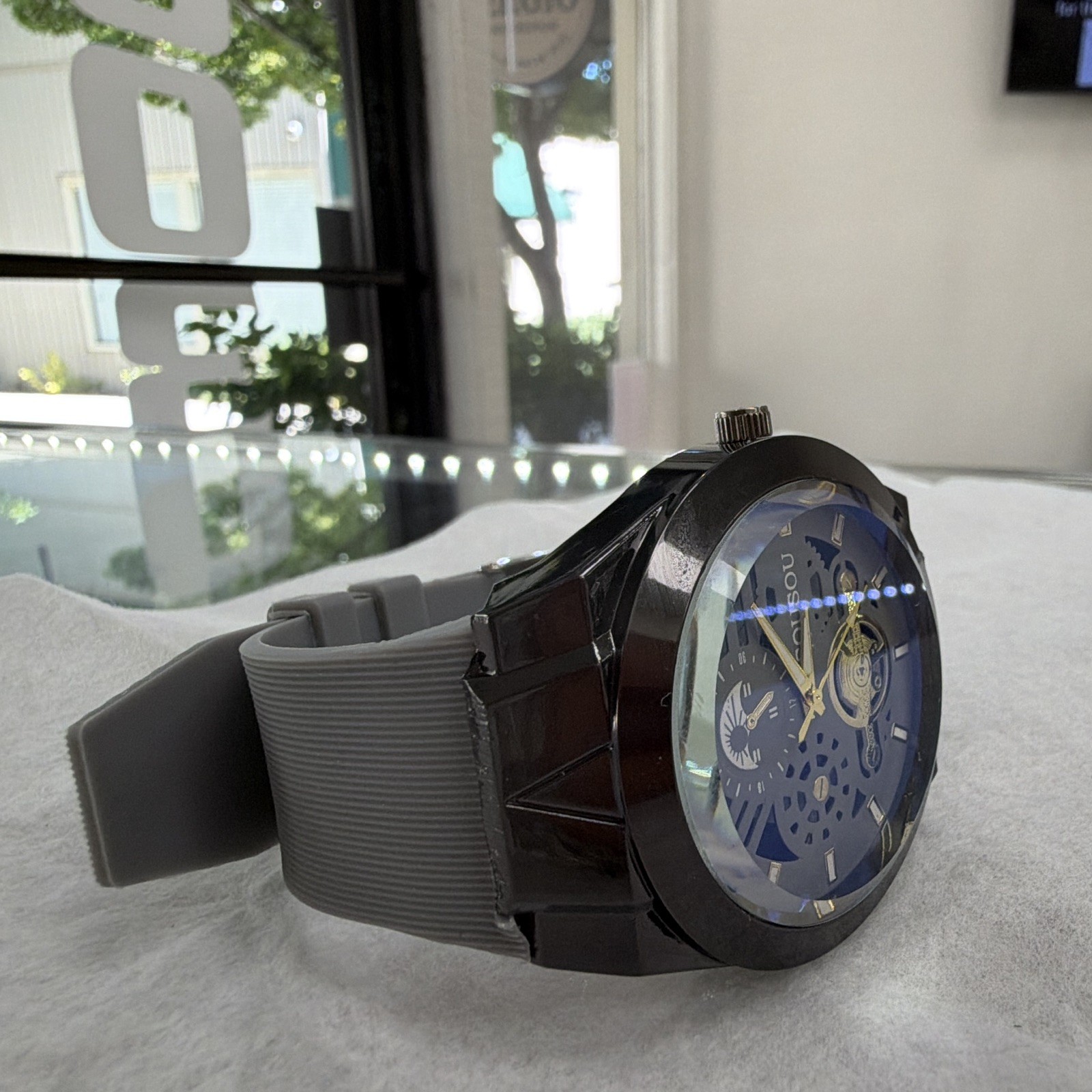 Jiusou Mechanical Automatic Skeleton Dial Analog Watch Black Case Gray Strap