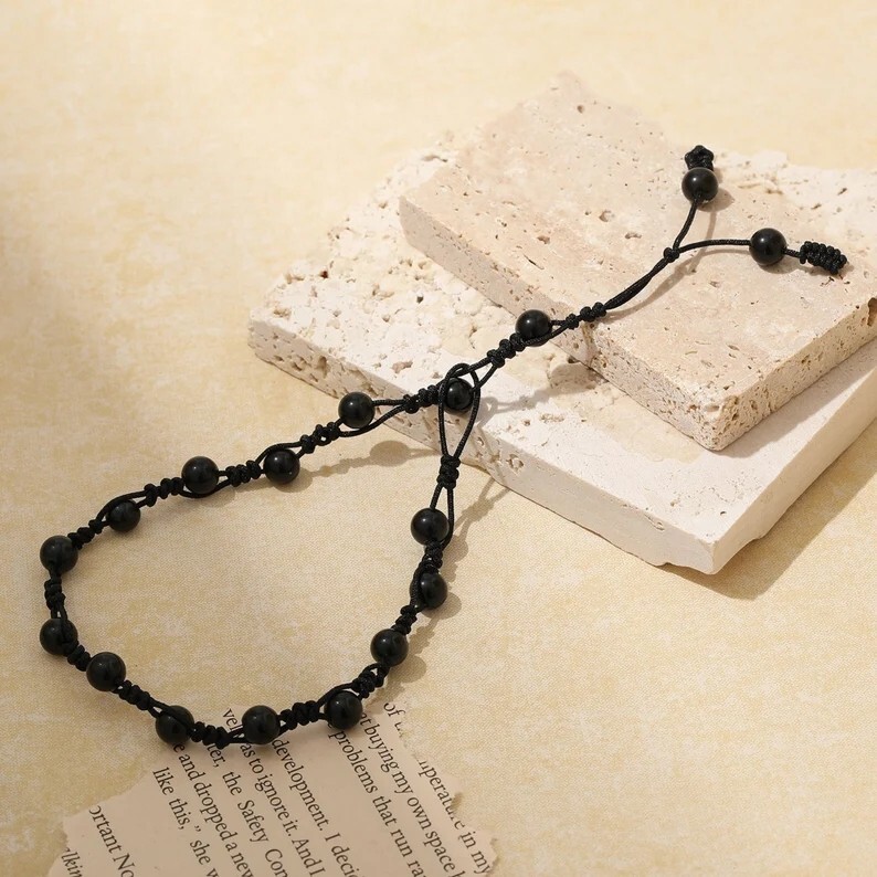 Black Obsidian Beads Healing Protection Strength Anklet Bracelet for Women Men