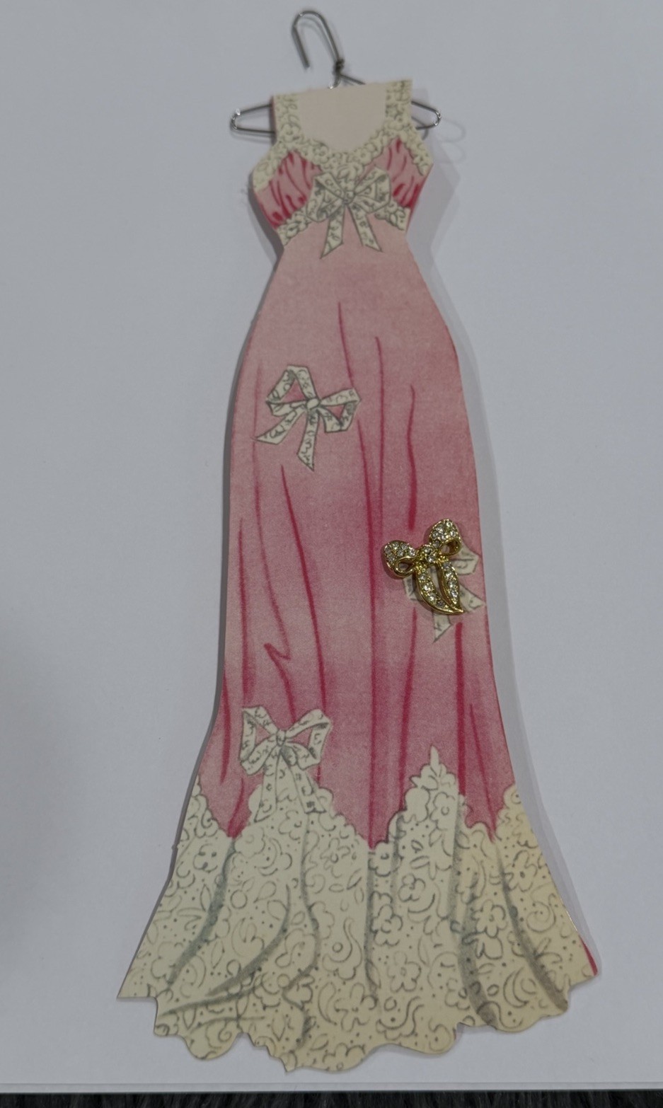 Sophie’s Closet Greeting Card Pink Gown With Gemmed Bow Pin Vintage