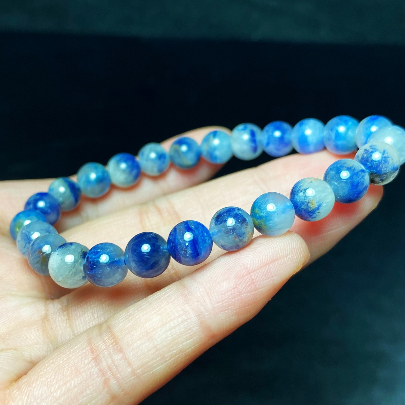 7.6mm Natural Blue Dumortierite Quartz Stretch Crystal Beads Bracelet 1072