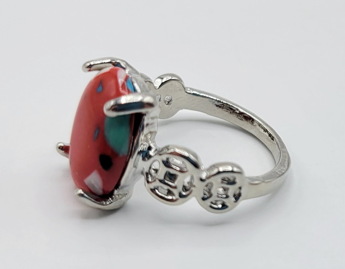 Women’s Silver Tone Oval Simulated Stone Red Multicolor Abstract Ring Size 5.5