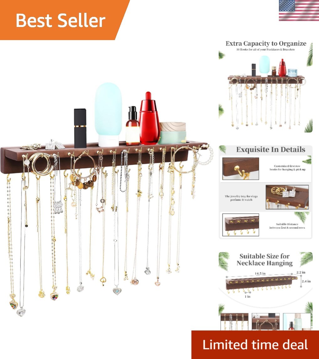 Elegant 30-Hook Necklace Organizer Wall-Mounted Jewelry Holder in Walnut