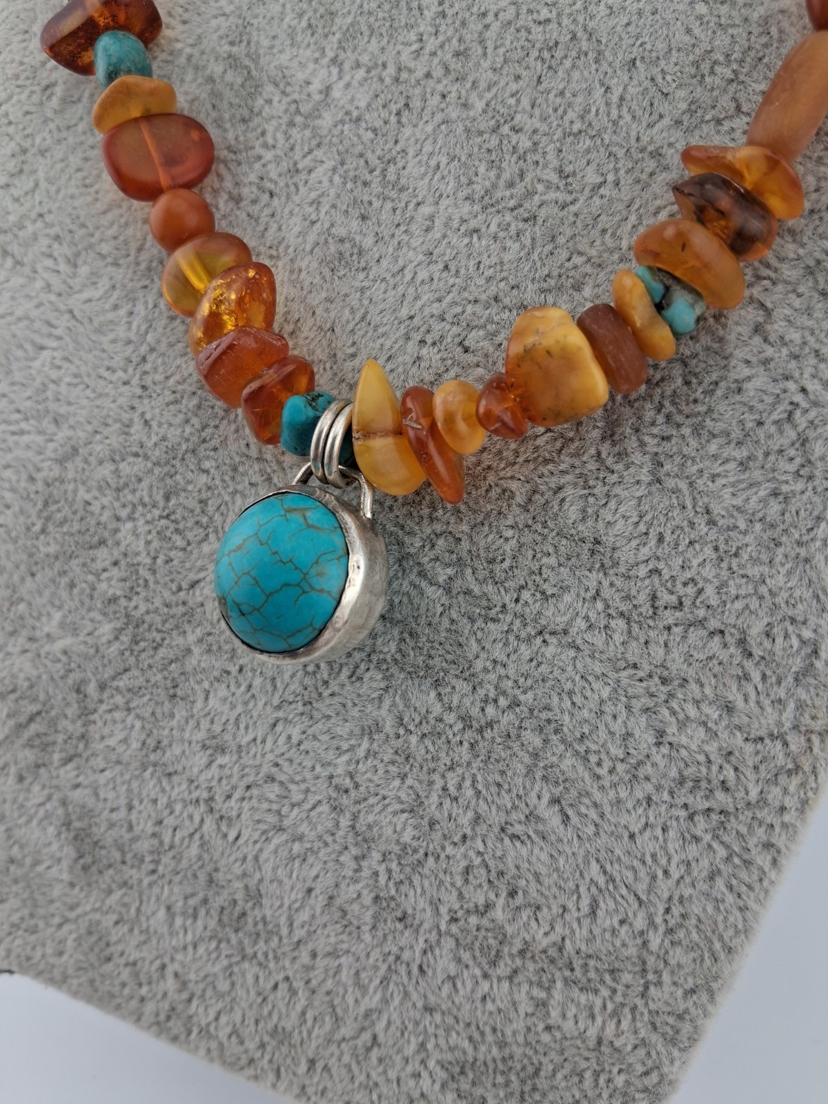 Signed Peyote Bird Sterling Silver Amber Turquoise Bead Necklace 17.5″-19″