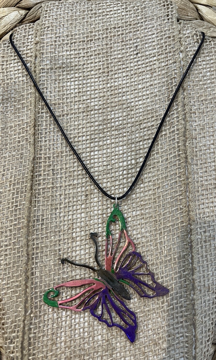 Hand-painted Large Brass Butterfly Pendant Necklace Multicolor Fairycore