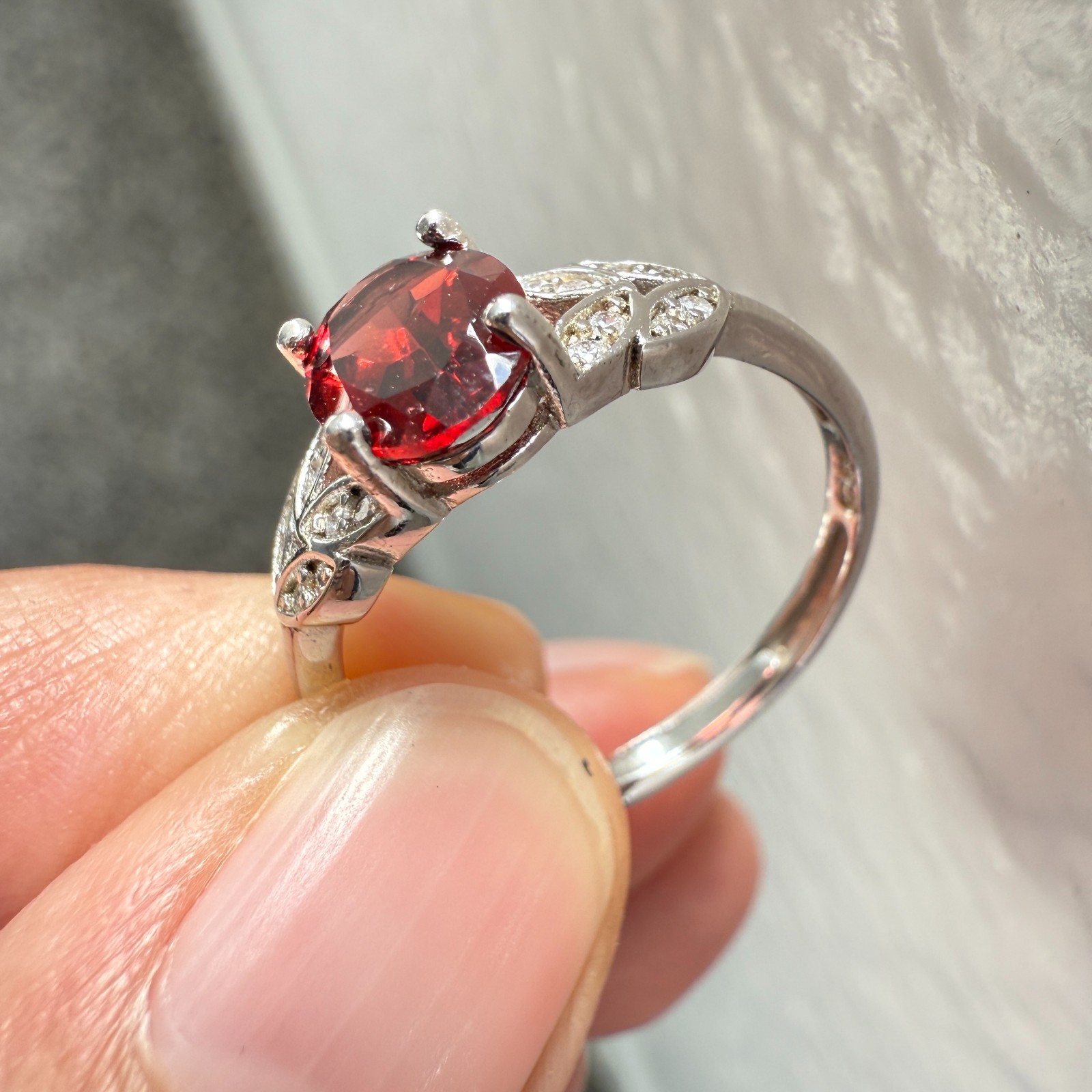 925 Sterling Silver Ring 8x6mm Natural Rhodolite Garnet Gemstone Zircon Flower