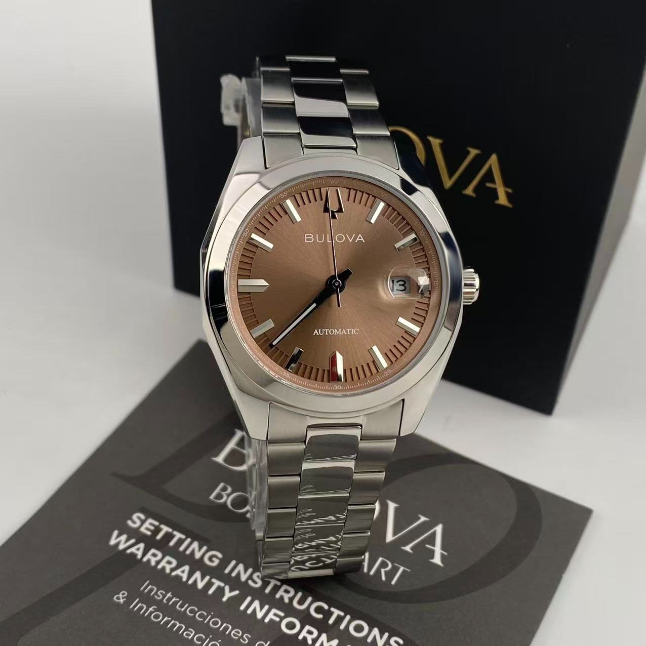 New Bulova Surveyor Men’s Automatic Watch Brown Dial Stainless Steel 39mm 96B470
