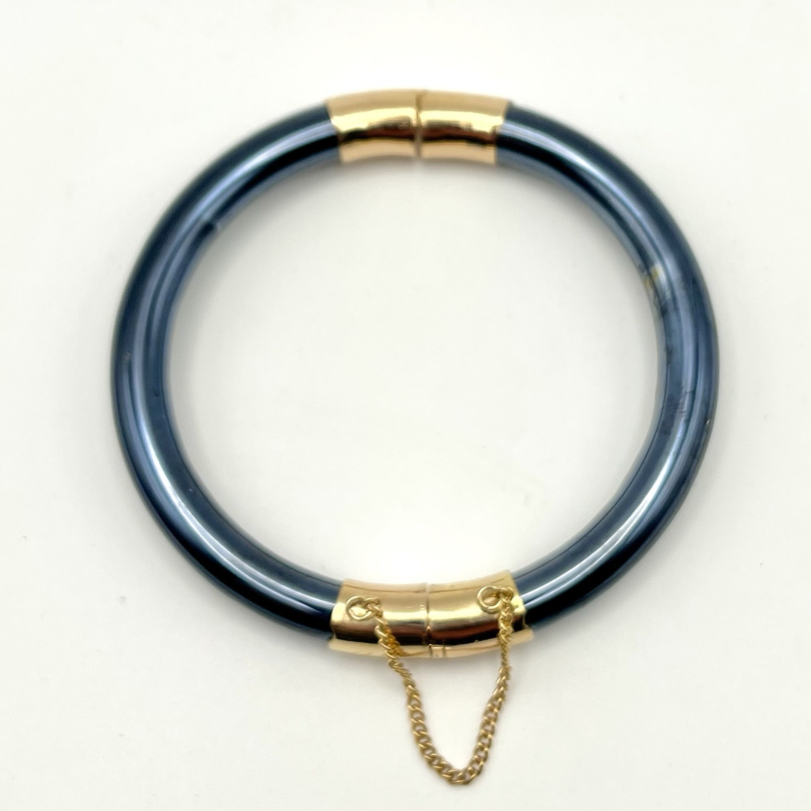 Vintage Midcentury Hinged Bangle Bracelet Chinese Slate Blue Iridescent Glass