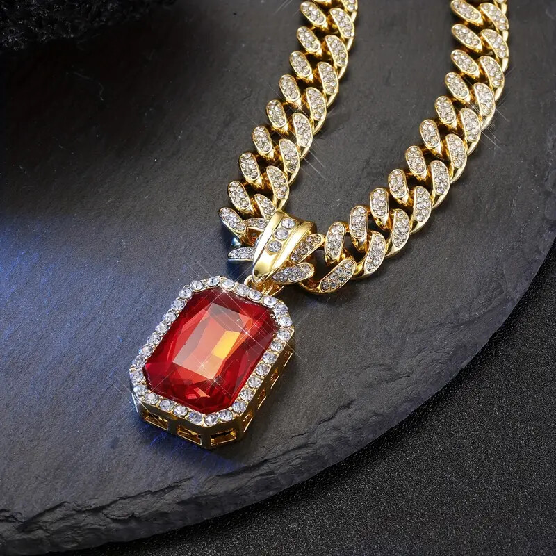 Gemstone Bling Pendant 13mm 16″ ~ 24″ Iced Cubic Zirconia Cuban Chain Necklace