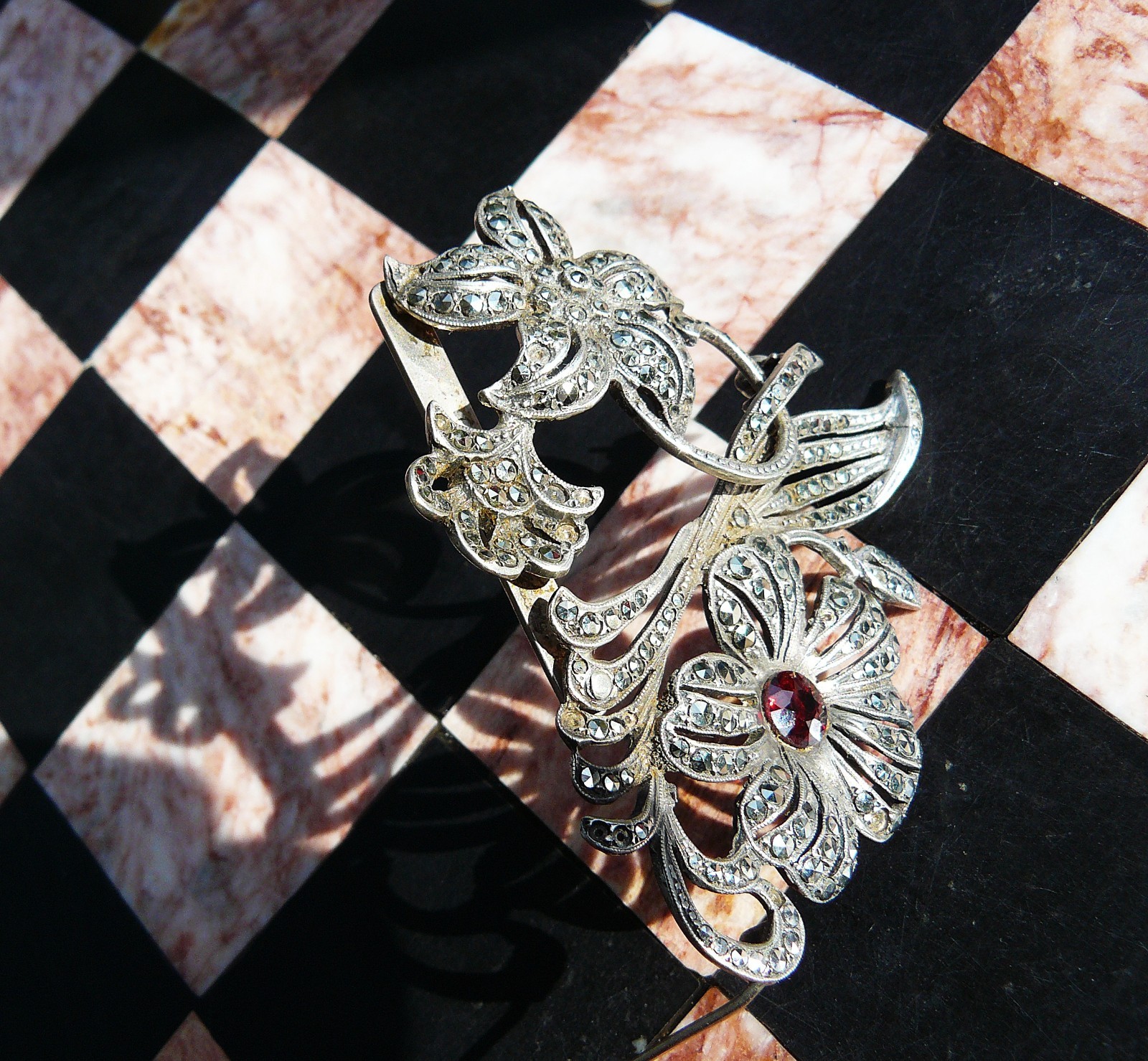 Antique sterling silver marcasite floral brooch garnet centre Art Nouveau 24g