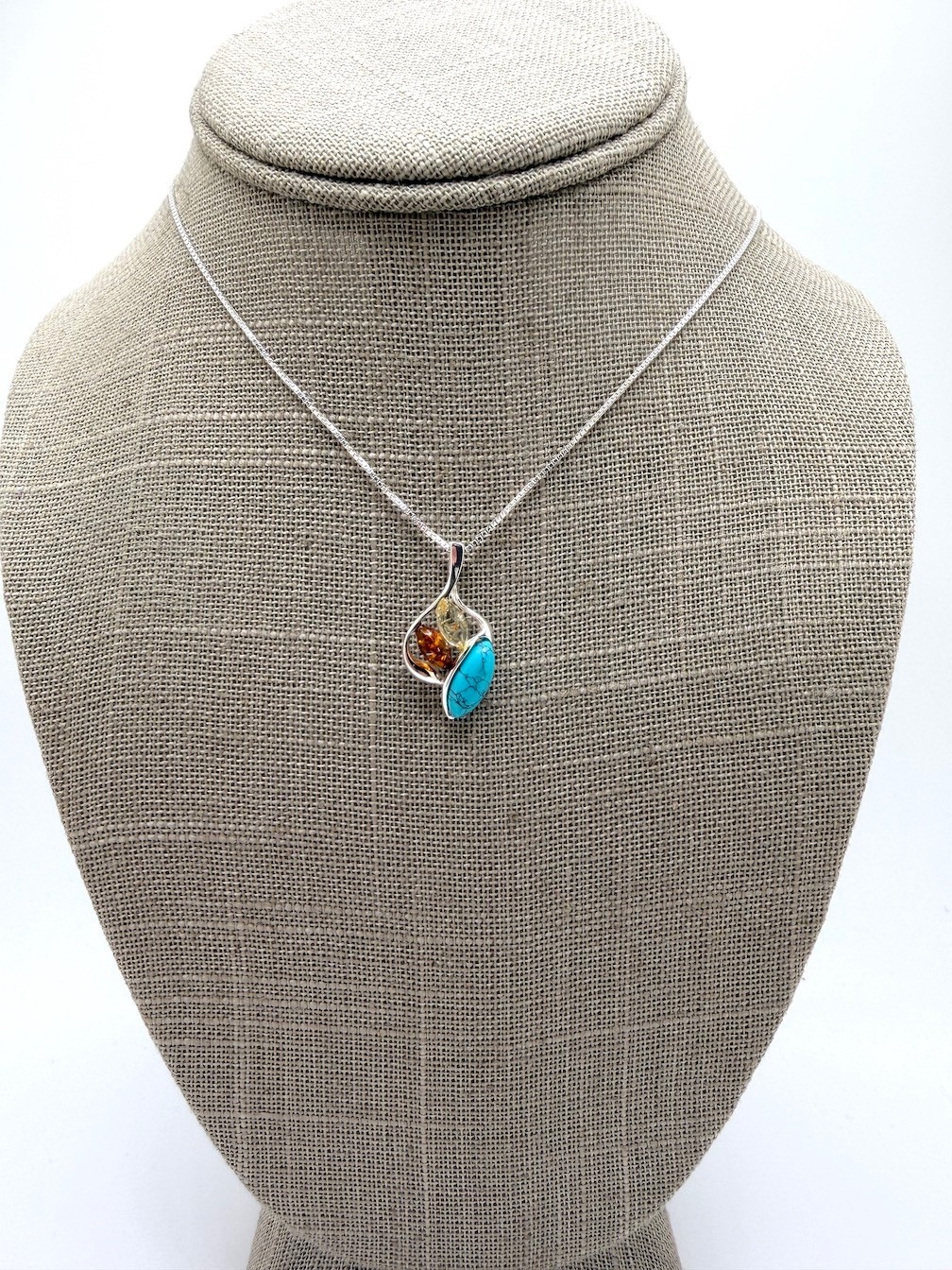 Multicolor Baltic Amber & Turquoise Pendant on Silver Chain