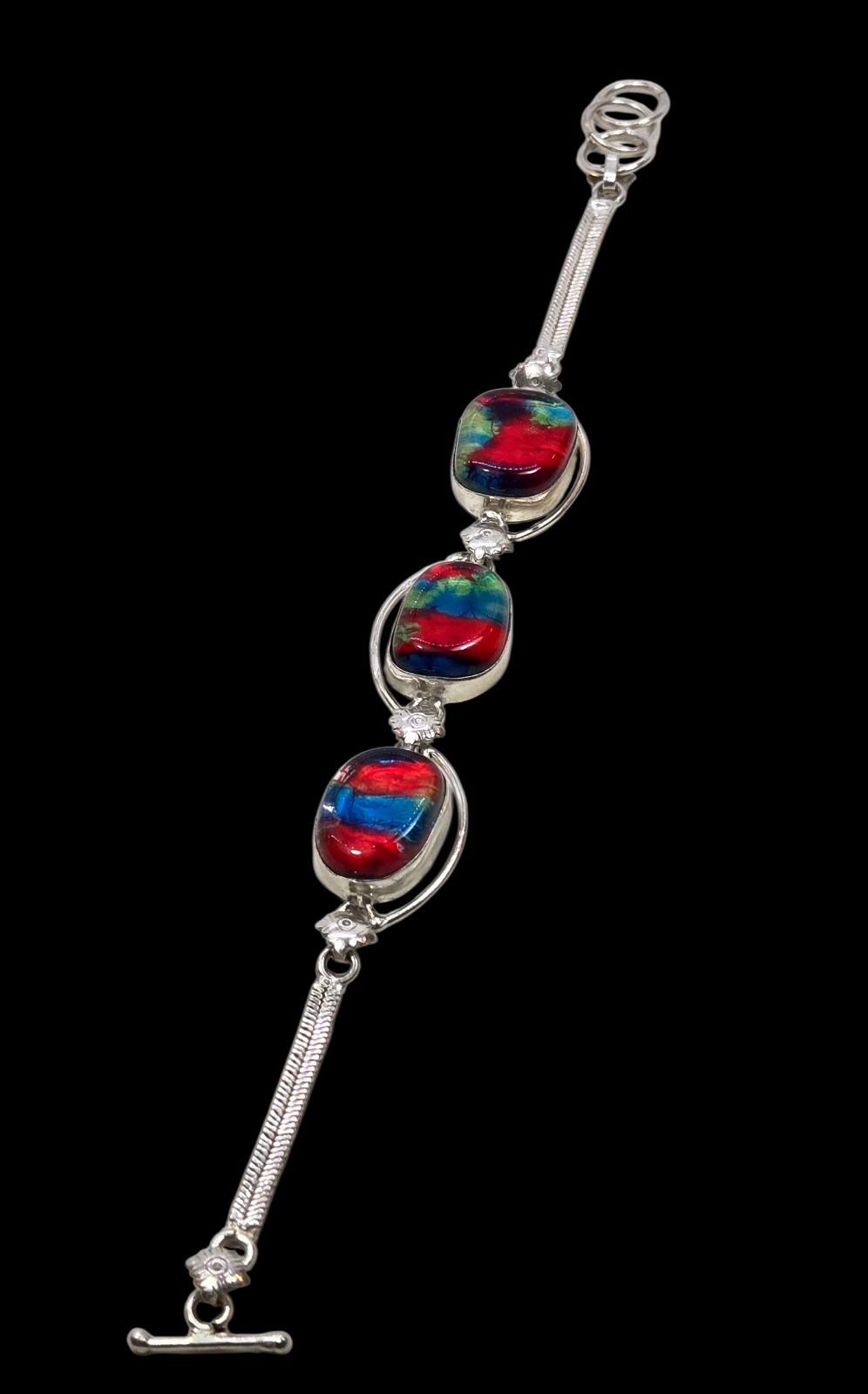 Red Blue Dichroic Glass Bracelet 925 Sterling Silver Link Toggle Clasp 7.5-8.25″