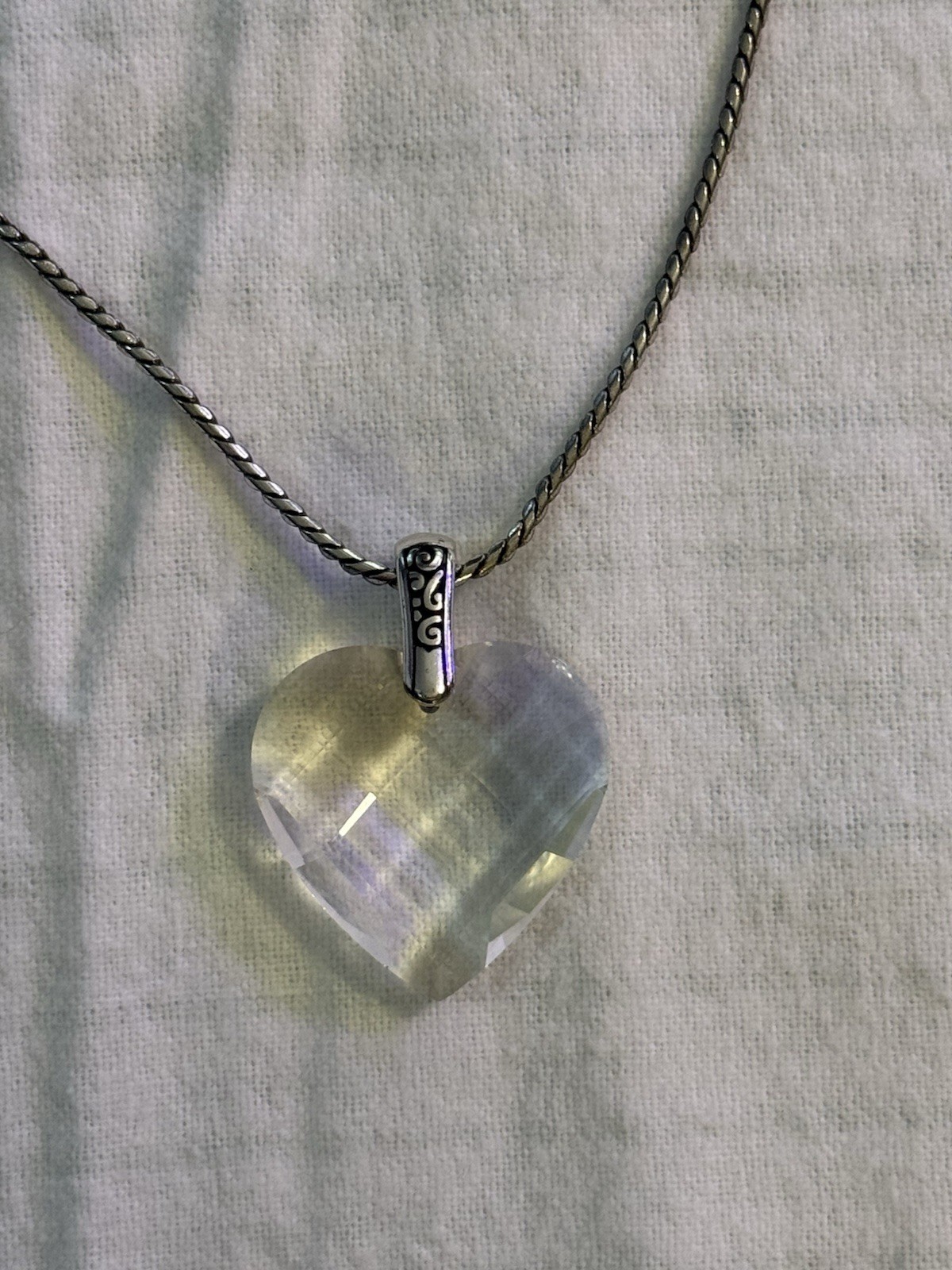 Brighton Signed Silver Plated Crystal Heart Charm Pendant Rope Chain Necklace