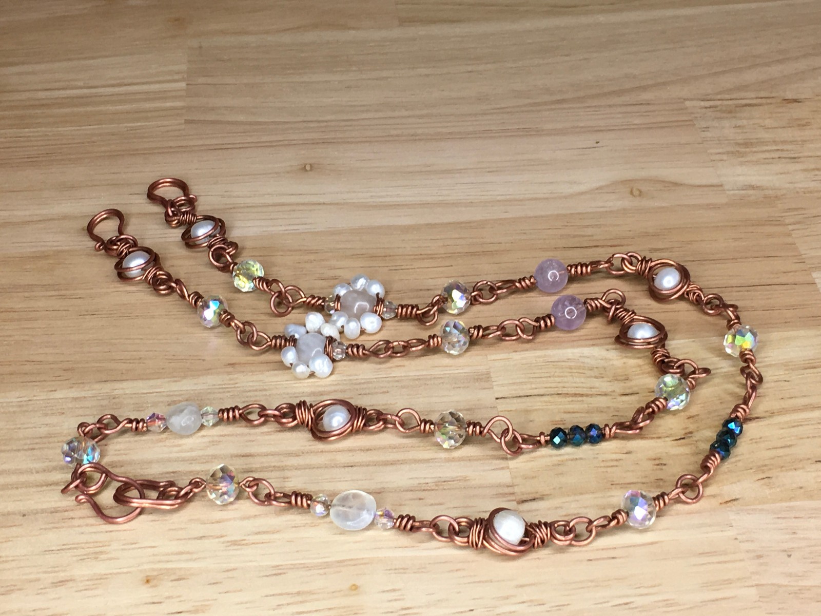 Artisan Long Necklace Pearls Moonstone Amethyst Beads, 4 Hook Wire Wrap Handmade