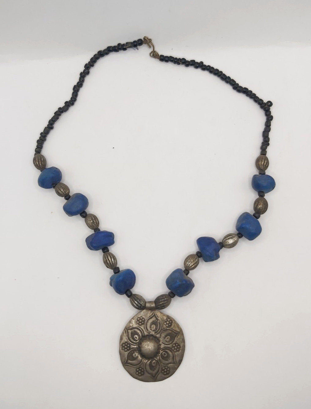 Vintage Berber Moroccan Lapis Blue Resin Bead Necklace Tribal Silver Tone Pendan
