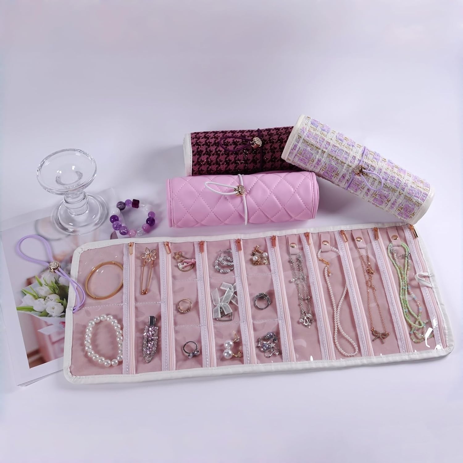 Travel Jewelry Organizer Roll W/ Zippered Pockets Hangable Tangle-Free Portable