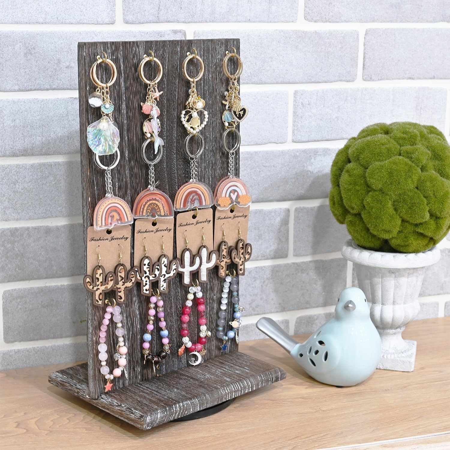 Elegant Wood Rotating Two-Sided Jewelry Display with 32 Hooks in Coffee Finish