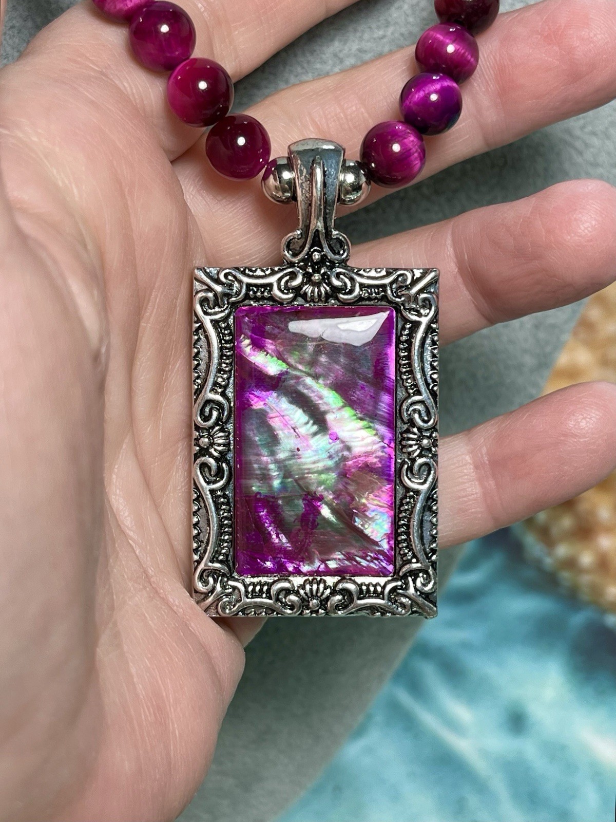 Gemstone Handmade Necklace Cherry Shell Pendant Cherry Tigers Eye Sugilite