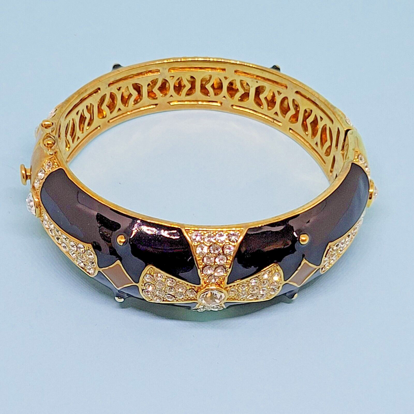 Joan Boyce Gold Tone Black Enamel Crystal Maltese Cross Hinged Bangle Bracelet