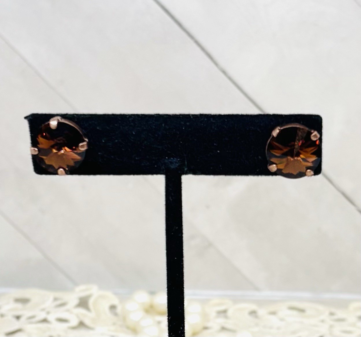 12mm Antique Copper Chocolate Brown Cup Chain Stud Earrings, Smoked Topaz Stones