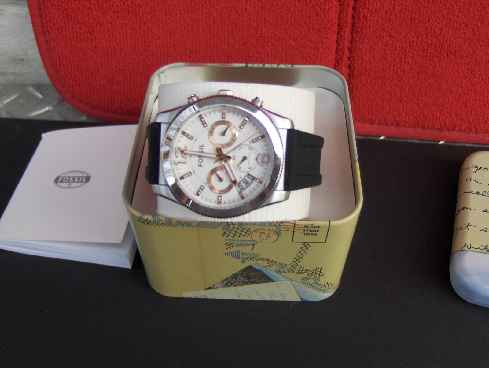 FOSSIL ES 4250 BOYFRIEND 3 EYE CHRONOGRAPH SWAROVSKI CRYSTAL MARKERS DATE WINDOW