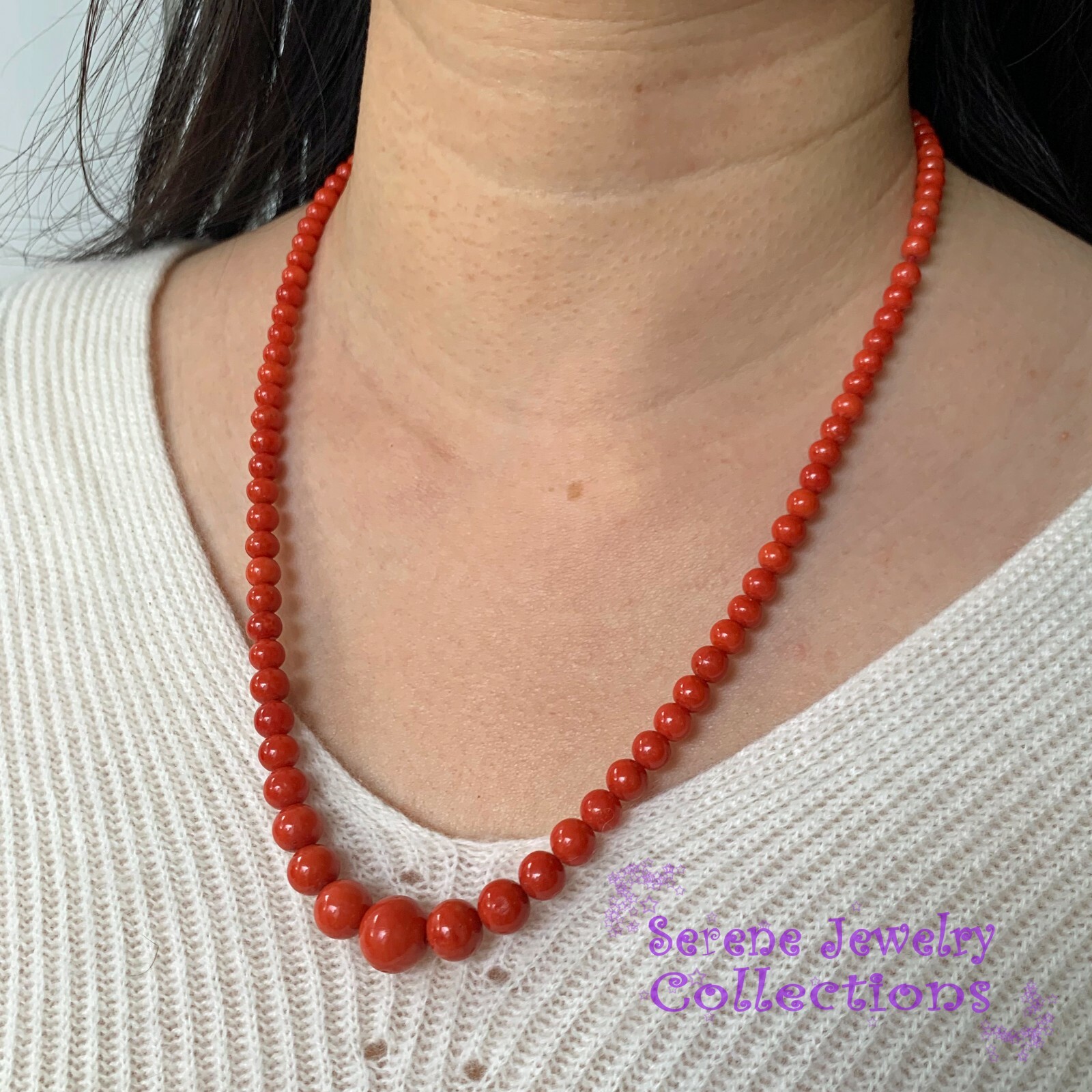 4.3MM-12.3mm Italian Red Coral Round Bead 14k Solid gold Necklace Vintage 21″
