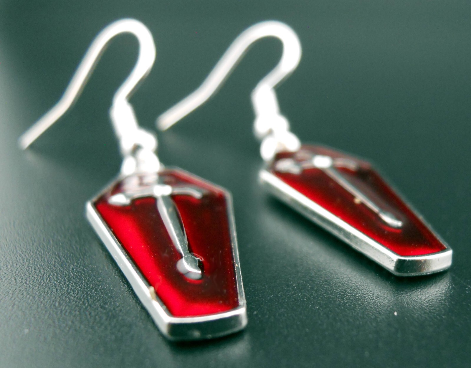Coffin Earrings Sterling Silver Ear Wires Red Enamel Cross Casket Earrings New!