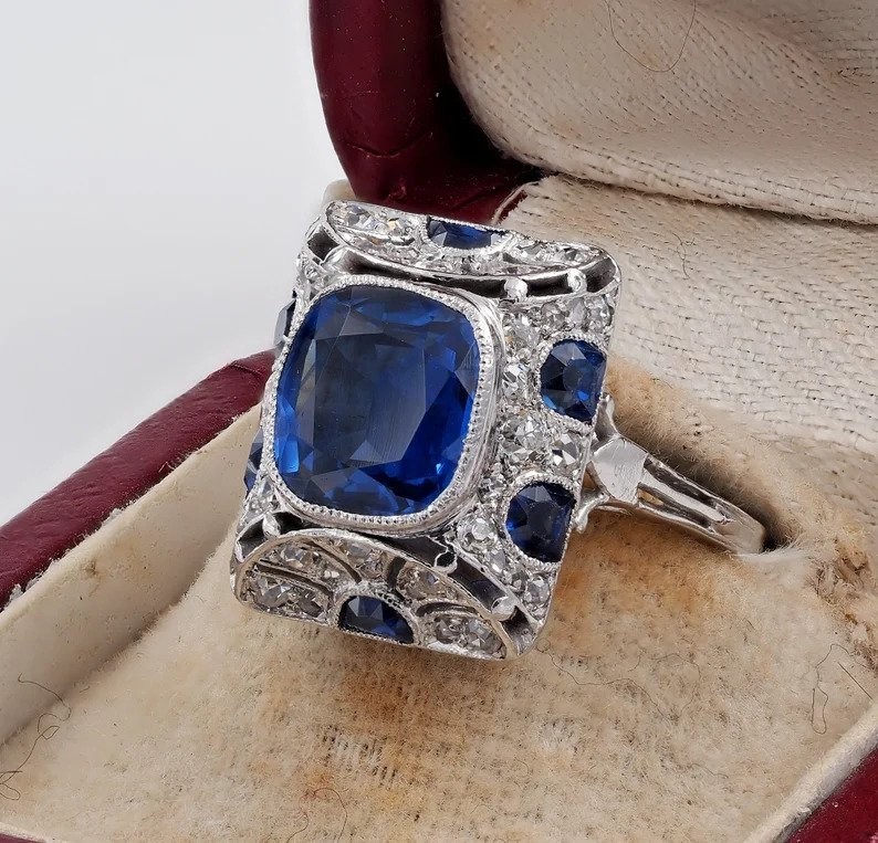 Art Deco Style Sapphire & Lab Created Diamond 14K White Gold FN Engagement Ring