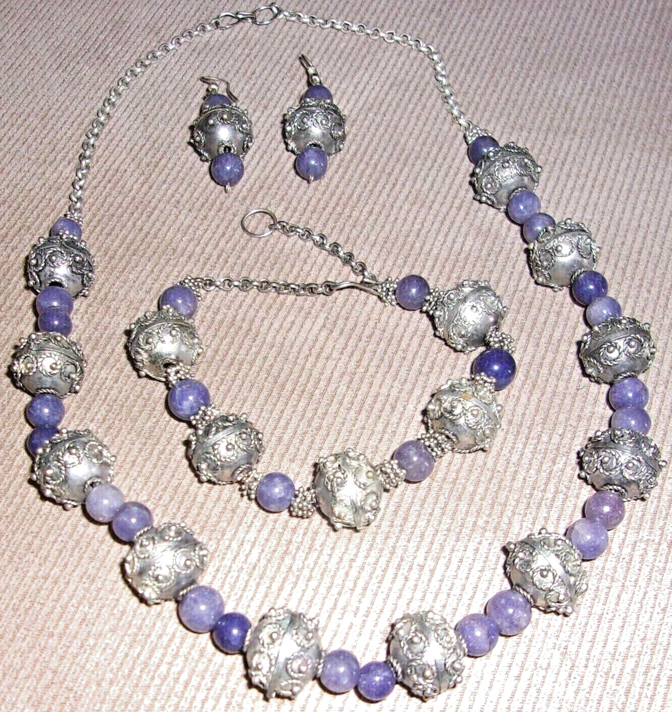 VINTAGE STERLING SILVER CHAROITE BEAD NECKLACE BRACELET EARRINGS DAMAS DUBAI
