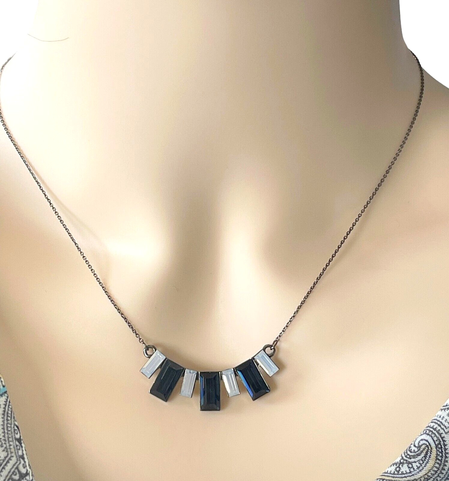 Necklace CZ Indigo Clear Opal Emerald Cut Curved Pendant Gunmetal Chain 16.5″