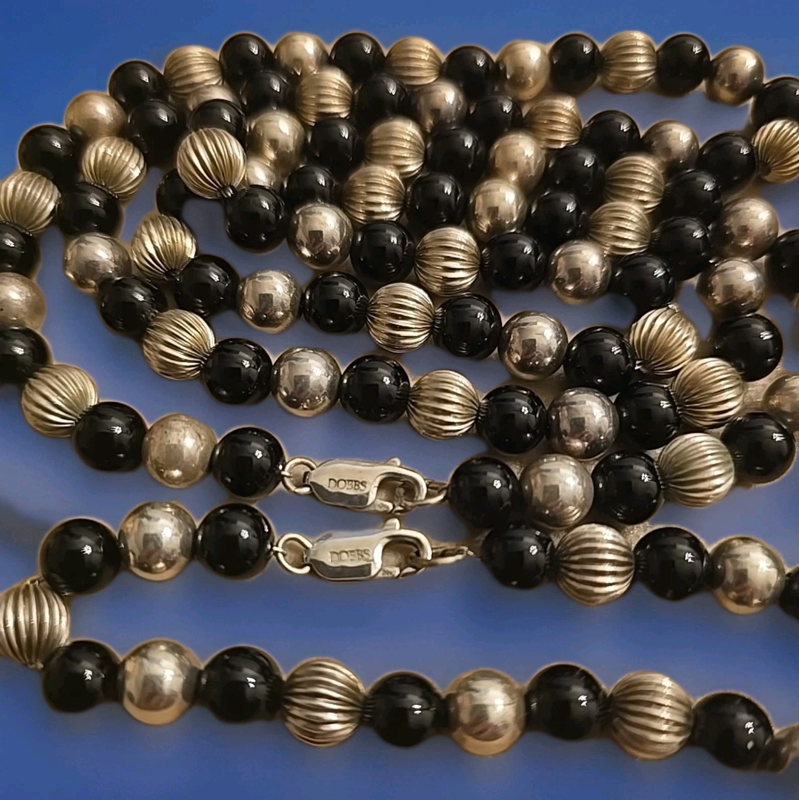 DOBBS 925 STER SIL RIBBED POLISHED BEADS ONYX NECKLACE 30 IN./BRACELET 7 IN. SET