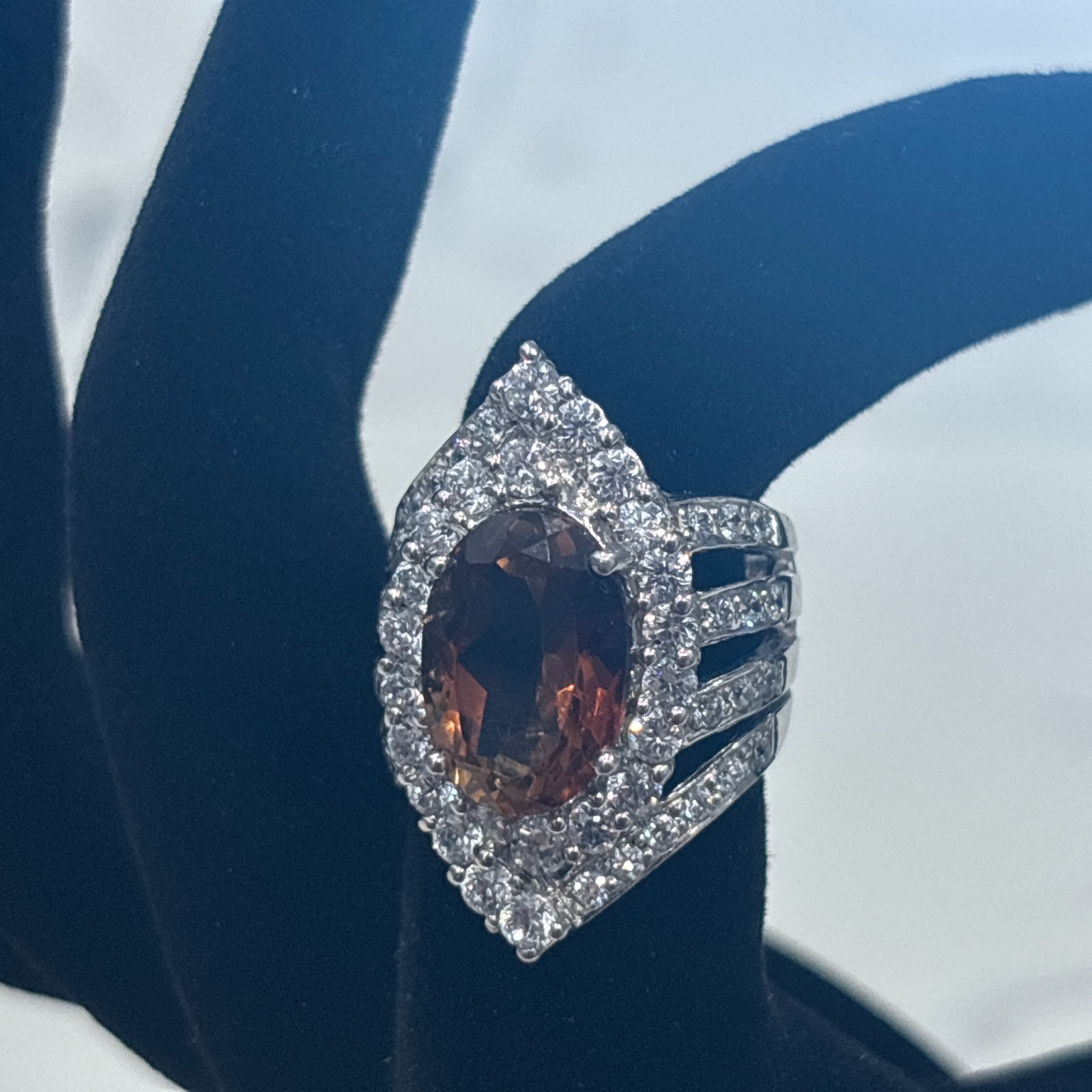 Sterling Silver Ring Statement Cocktail Brown Orange Stone CZ Split Shank 6.5
