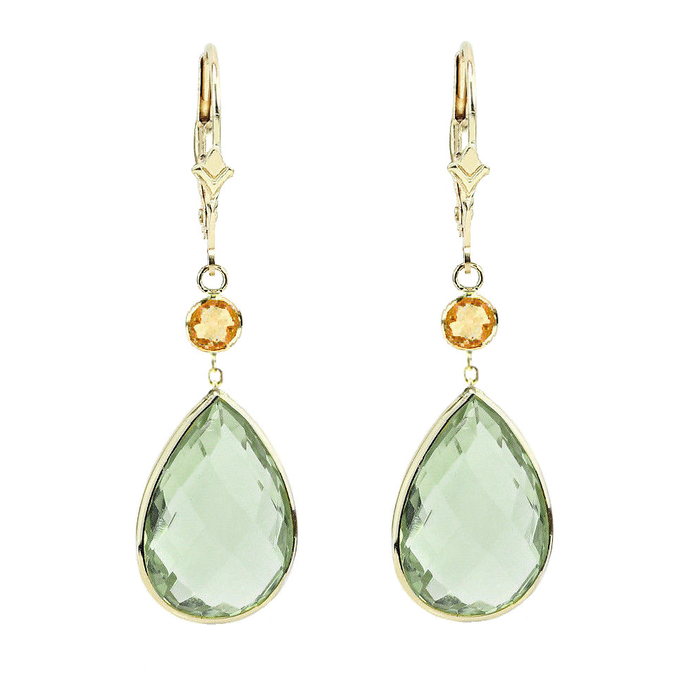 14K Yellow Gold Earrings with Pear Shape Green Amethyst and Round Citrine