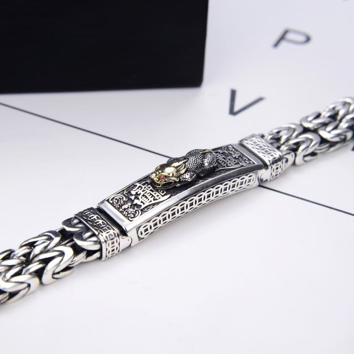Pure 925 Sterling Silver Bracelet 11mm Pixiu Byzantine Link Chain7.1-7.9inch