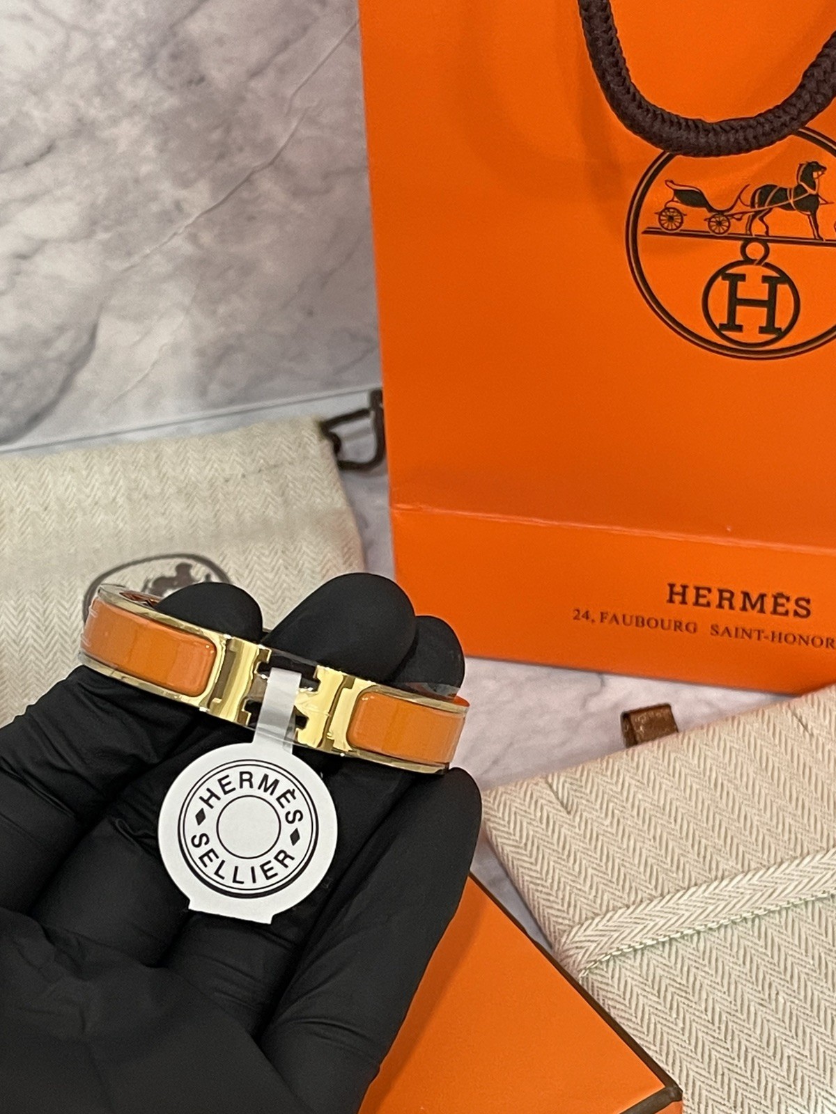 Hermes H Clic Clac H Bracelet GM – Orange Enamel & Gold-Plated | New in Box