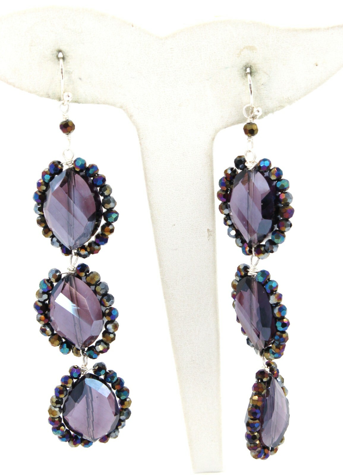 Nakamol Oval Iridescent Blue Purple Bead & Crystal Dangle Earrings 3″ New