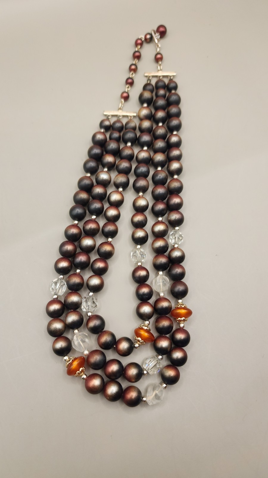 Vtg 1950s Japan 3 Strand Beaded Choker Necklace Brown Copper Faux Pearl Cluster