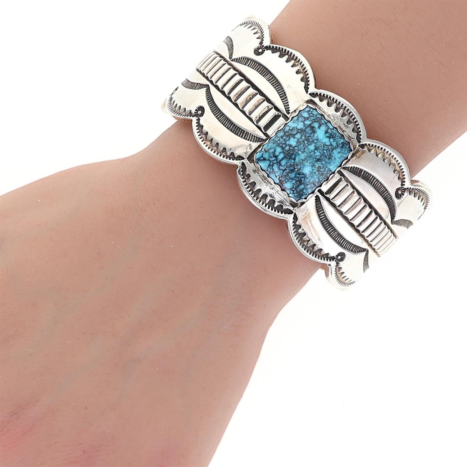 Carson B Blackgoat Navajo Cuff Bracelet 925 Sterling Silver Turquoise Native 93g