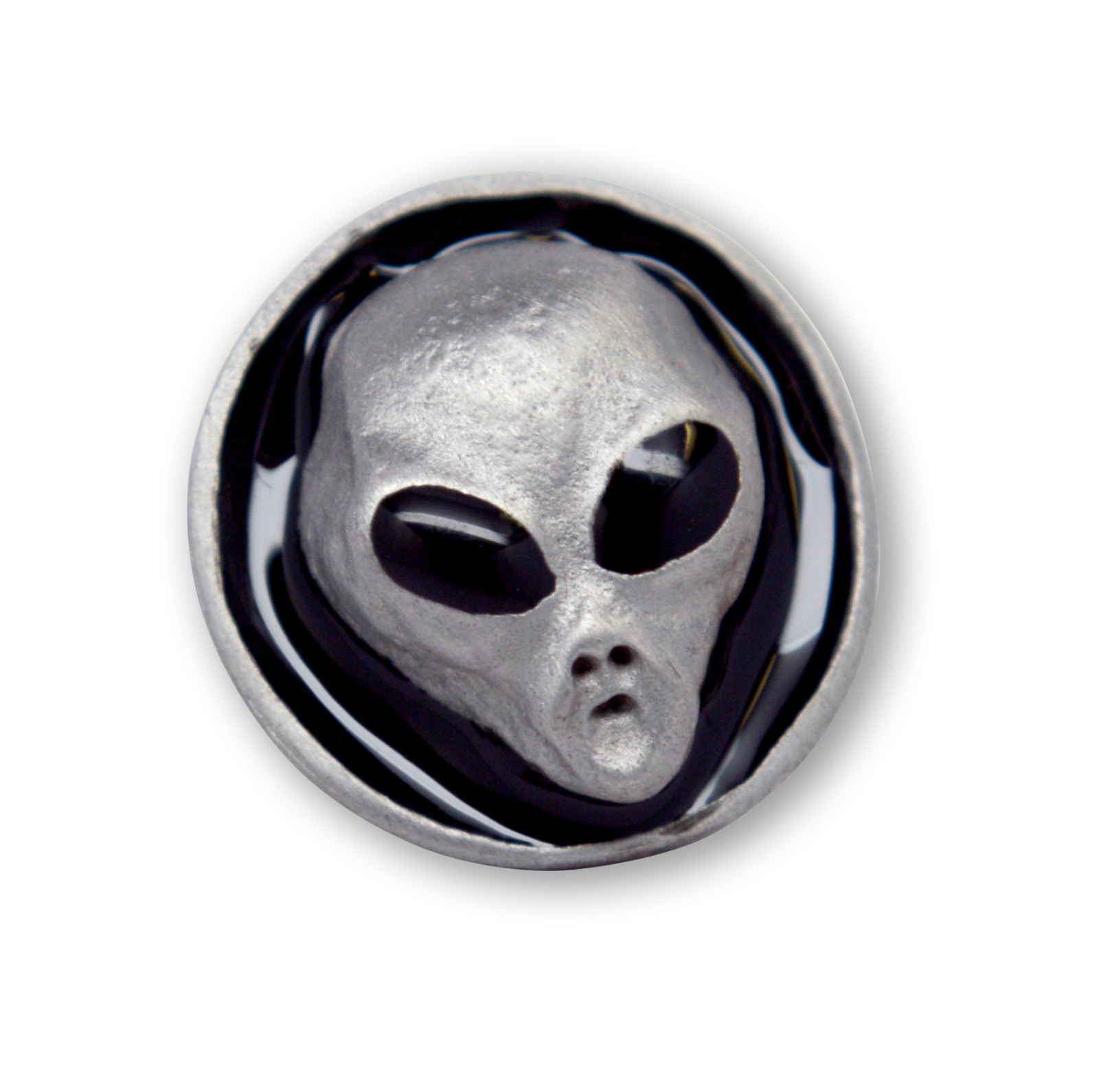 Round Alien Head Silver and Black Enamel Finish Tie Tack Jacket/Hat Pin P-25