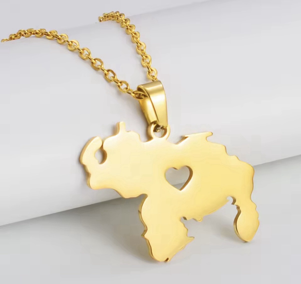 Gold Tone Map Pendant Necklace with Heart Cutout – Stainless Steel