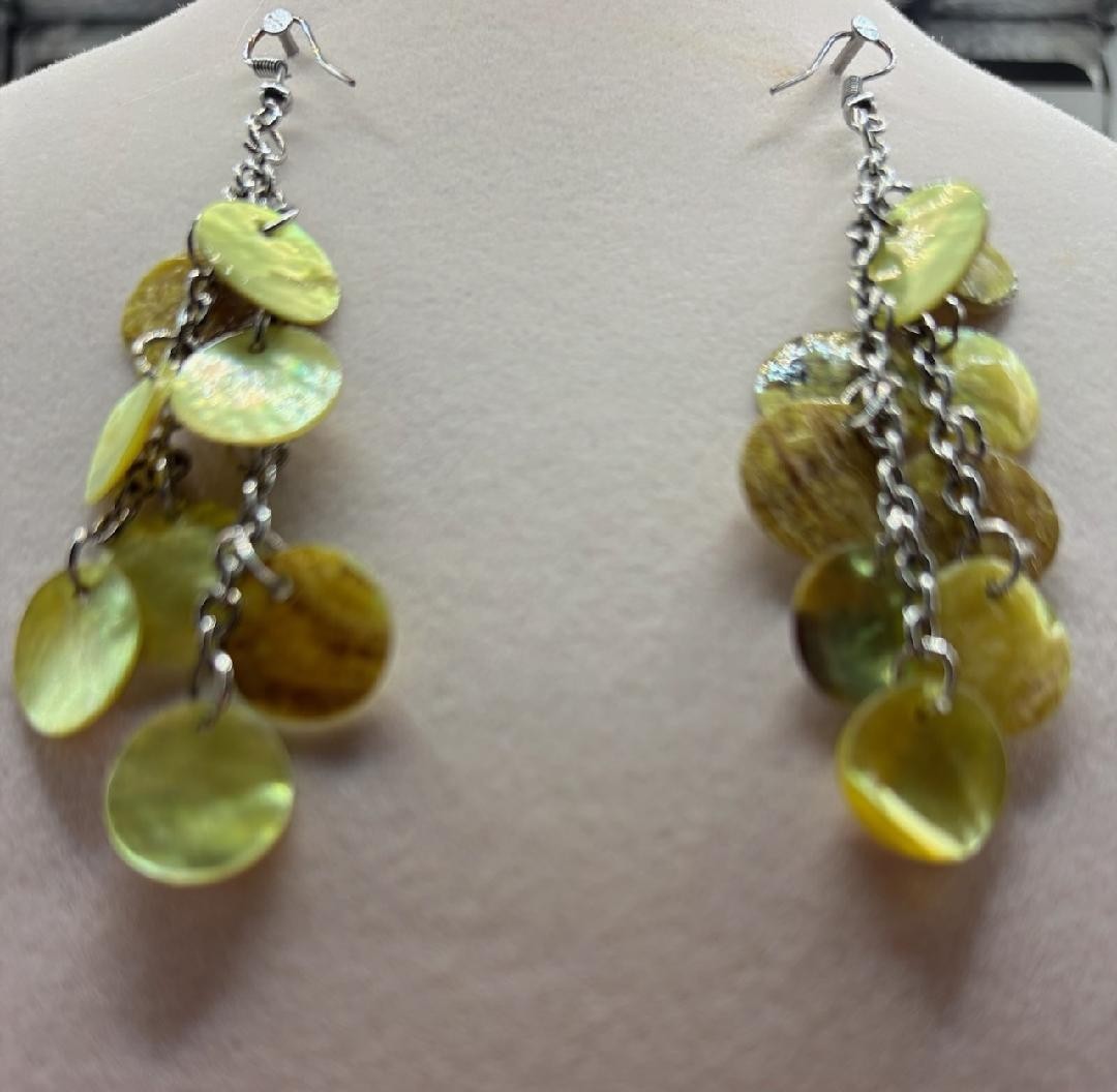Vtg Boho Mustard Yellow MOP Disc Waterfall Dangle Earrings Hook