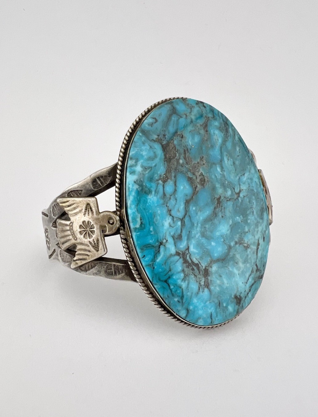 Fred Harvey Navajo Sterling Silver Kingman Turquoise Thunderbird Cuff Bracelet