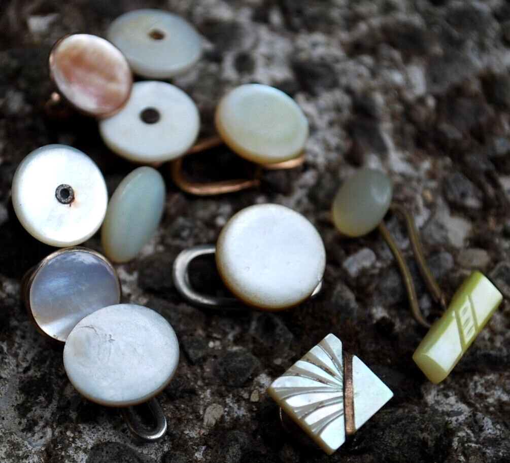 Antique Lot Of 11 MOTHER OF PEARL Button Studs, Ball Shirt Studs, Cufflink c1910