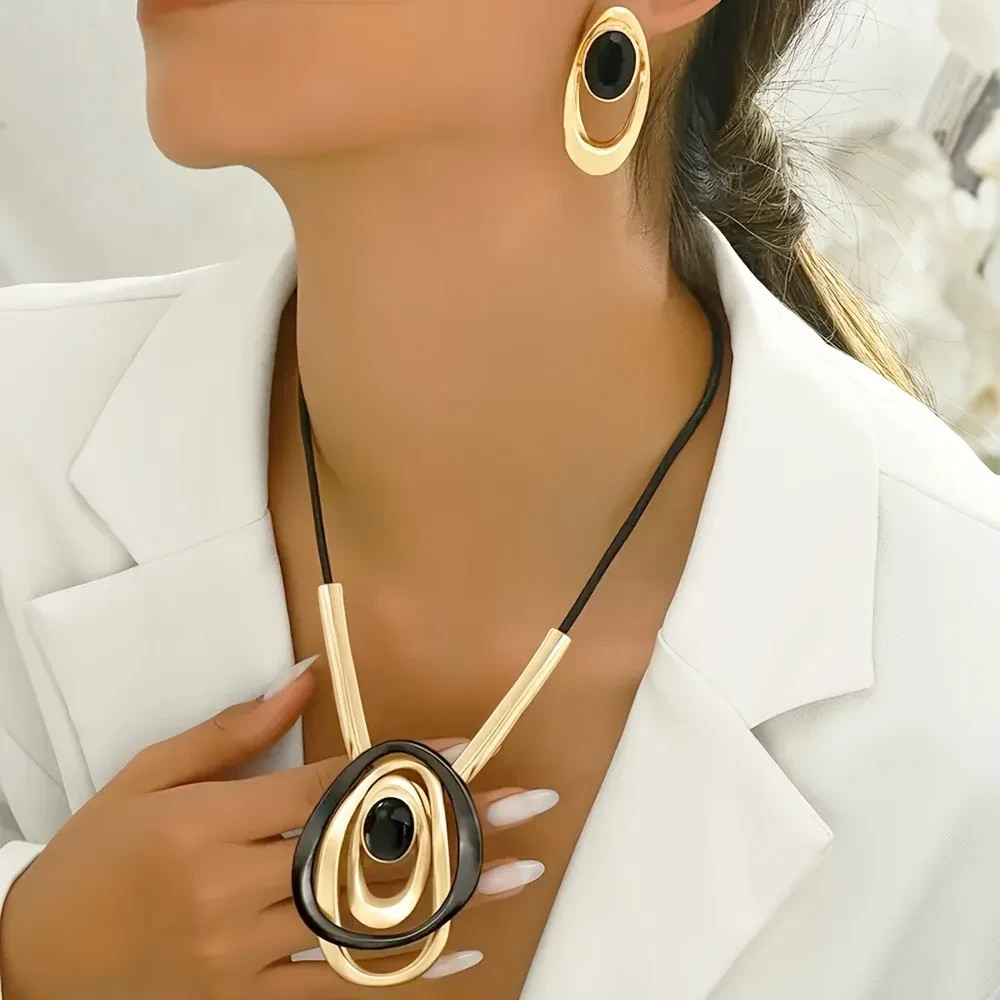Exaggerated Multi Layer Oval Ring Pendant Necklace Earring Set Women Fashion