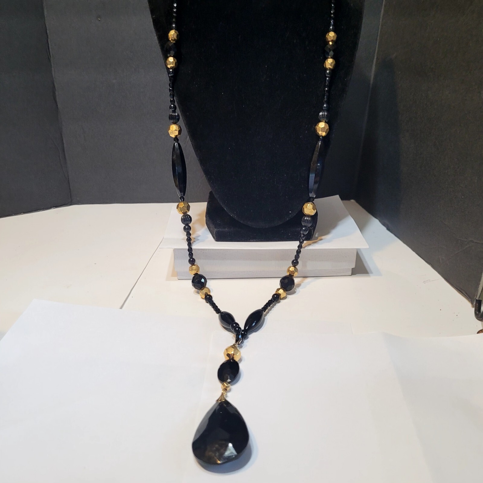 Louis Feraud Paris Vintage Bllack & Gold Beaded Necklace With Long Oval And…