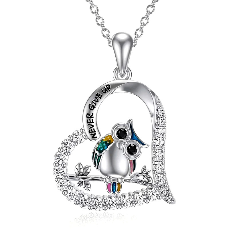 “NEVER GIVE UP” Hollow Heart-Shaped Owl Zircon Pendant Necklace Jewelry Fashion