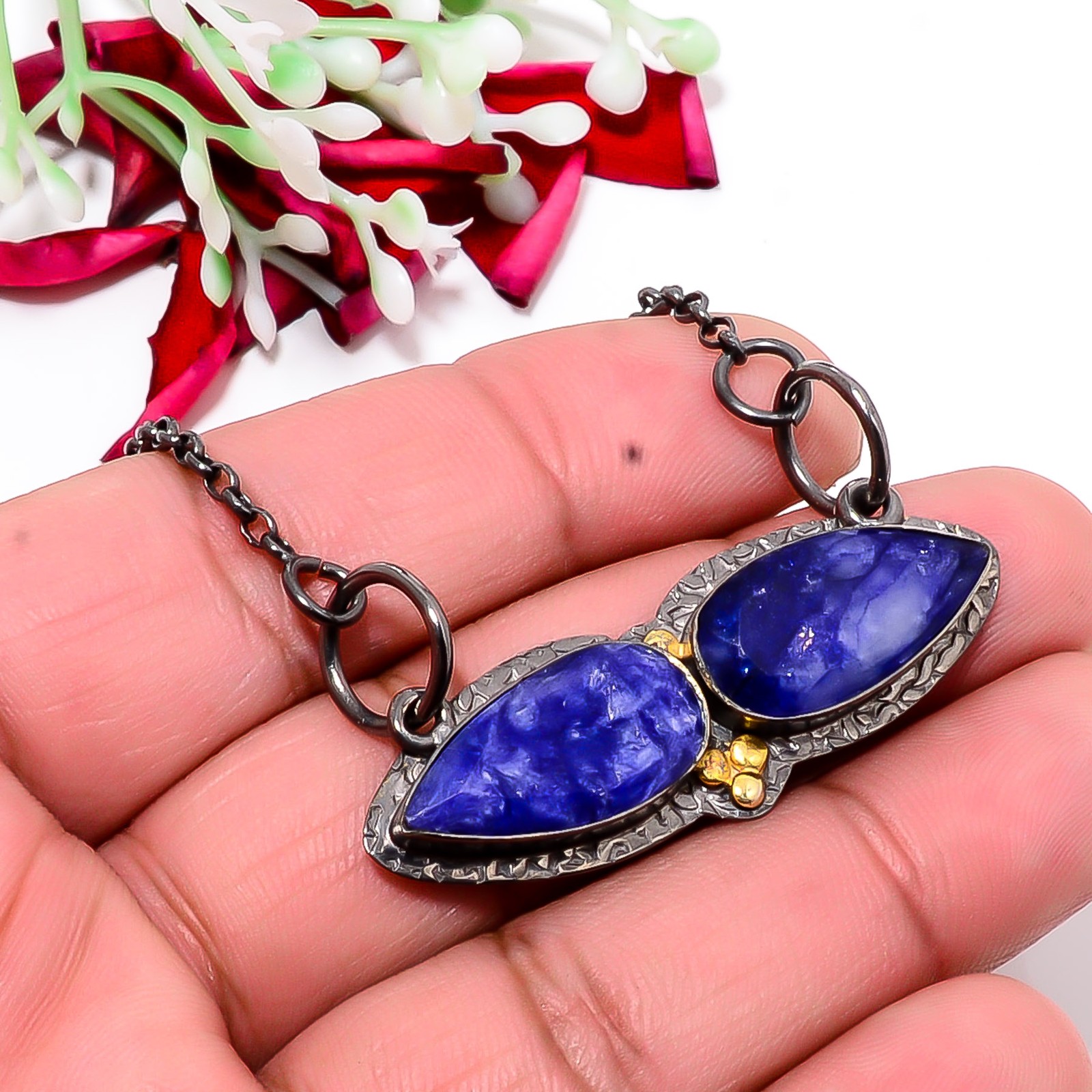 Blue Sapphire – Simulated Black & Gold Rhodium 925 Silver Chain Pendant 18-22″