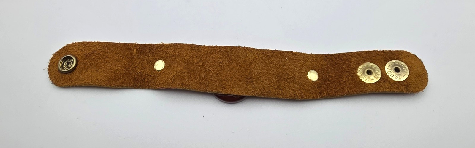 Vintage Artisan Brown Leather Cuff Bracelet Maroon Glass Cabochon Gold Tone Boho