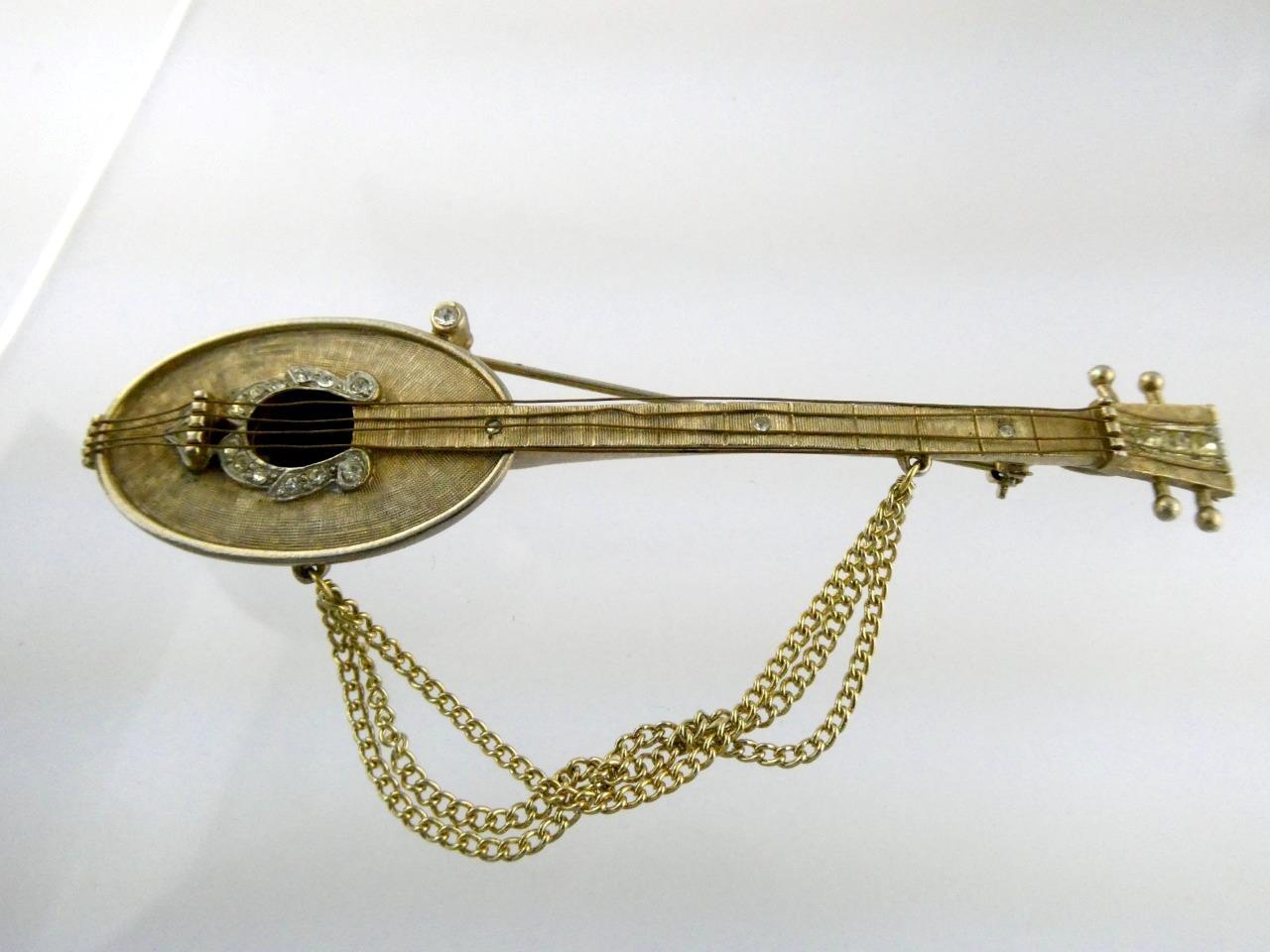 Vintage R Mandle Signed Mandolin Brooch Musical Instrument Pin White Rhinestones