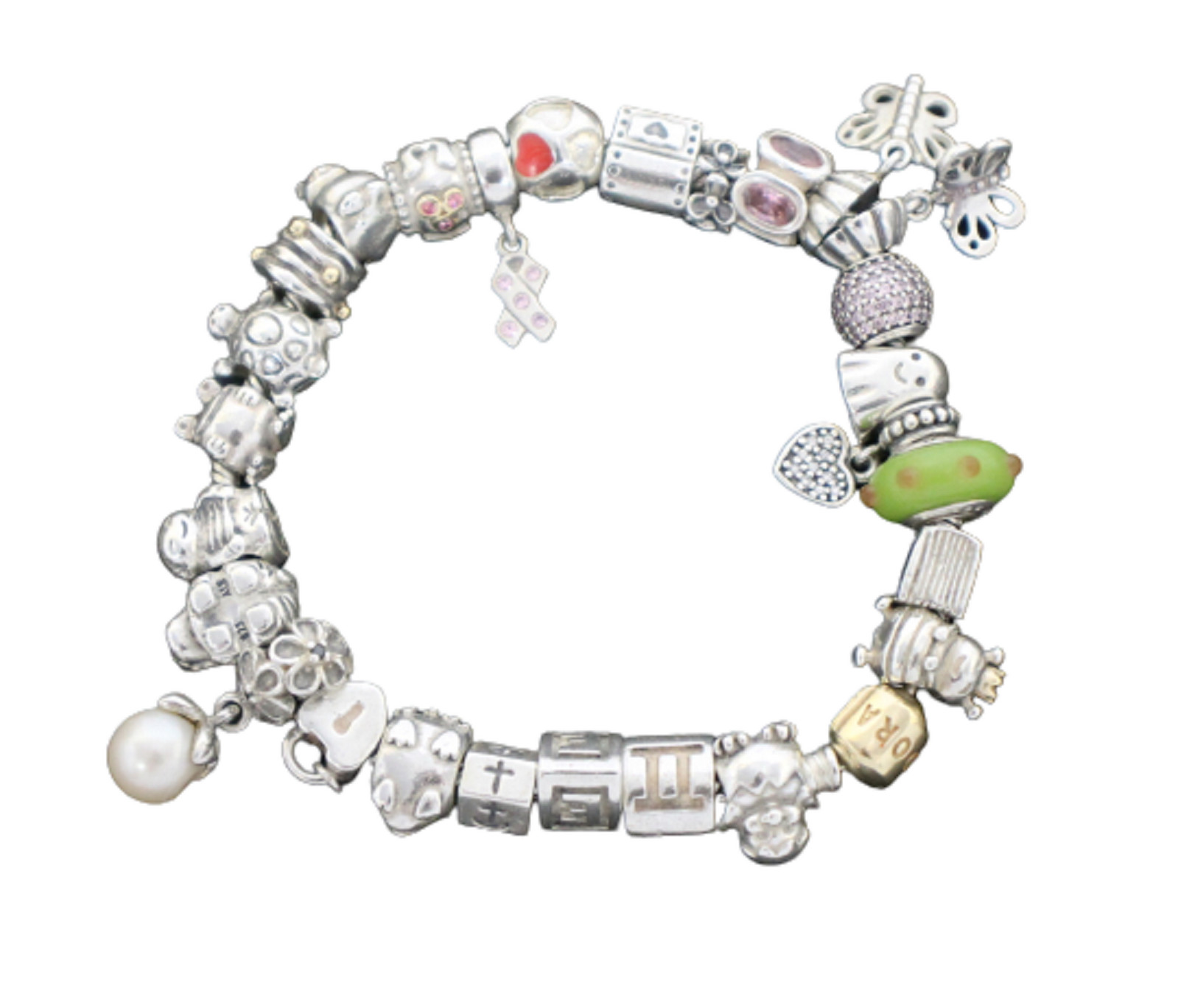 Ladies Pandora 925 ALE Charm Bracelet 26 Charms with 14K Gold Clasp Size: 20cm